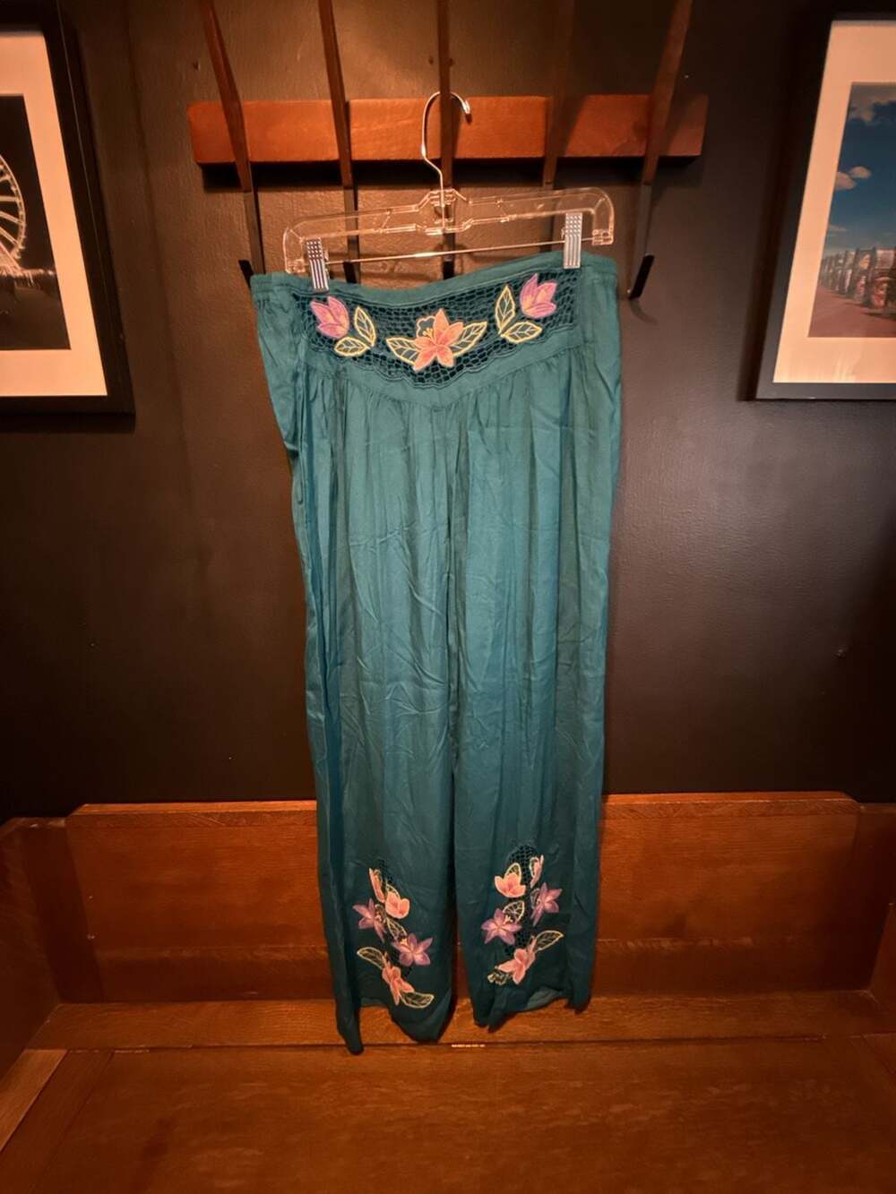 70’s Vintage Boho Embroidered Floral Teal Wide Leg Pants